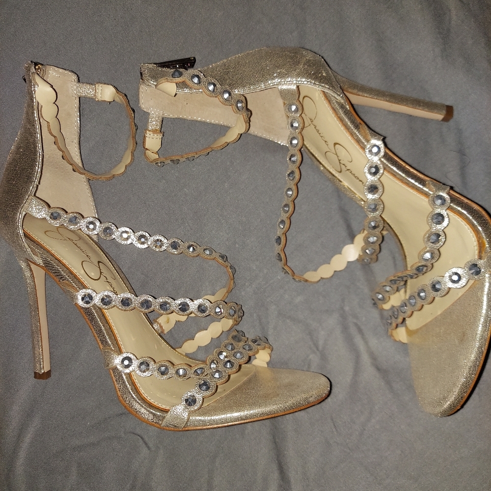 Jessica Simpson Size 7.5 Gold Embellished Heeled Zip Up Sandals